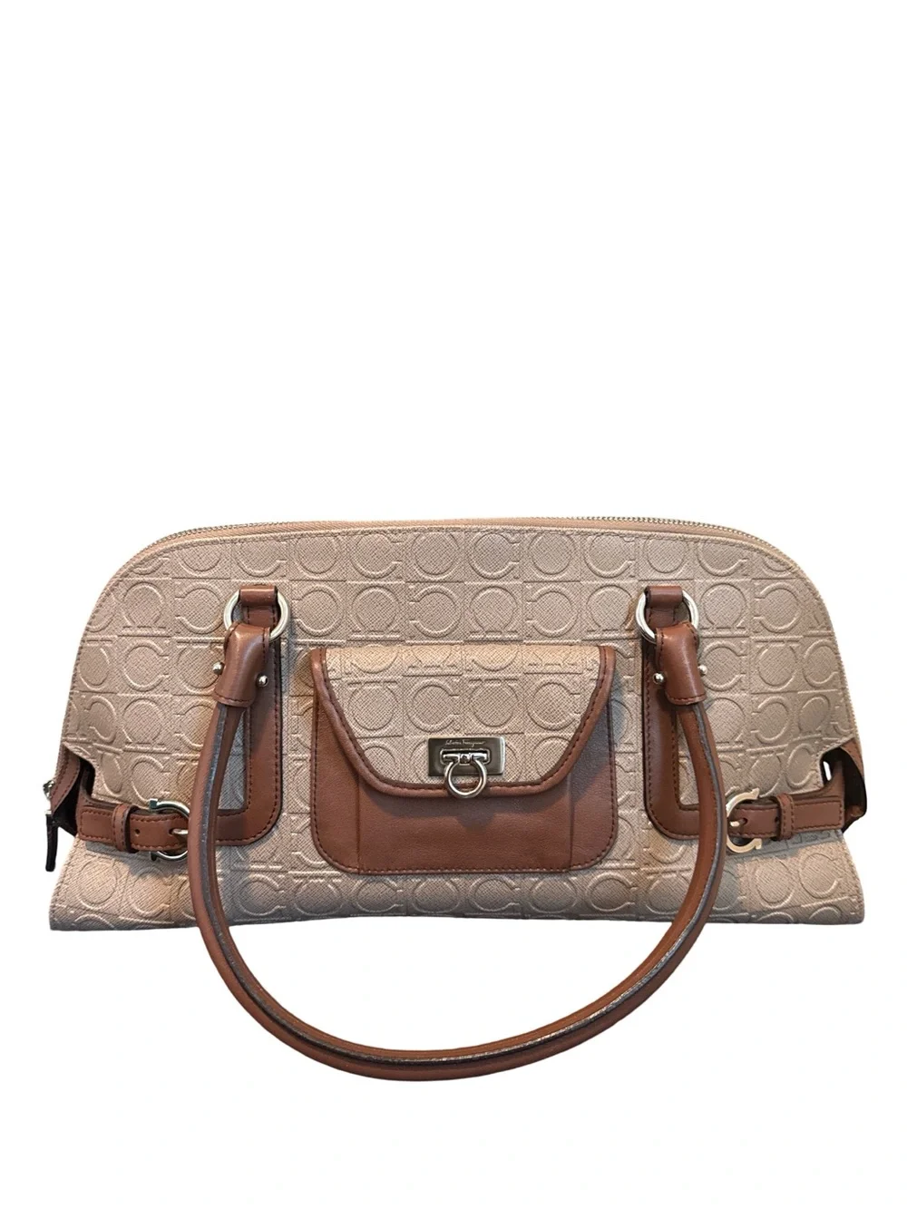 Salvatore Ferragamo Gancini Canvas & Leather Satchel Handbag Beige Brown Italy - Picture 14 of 15